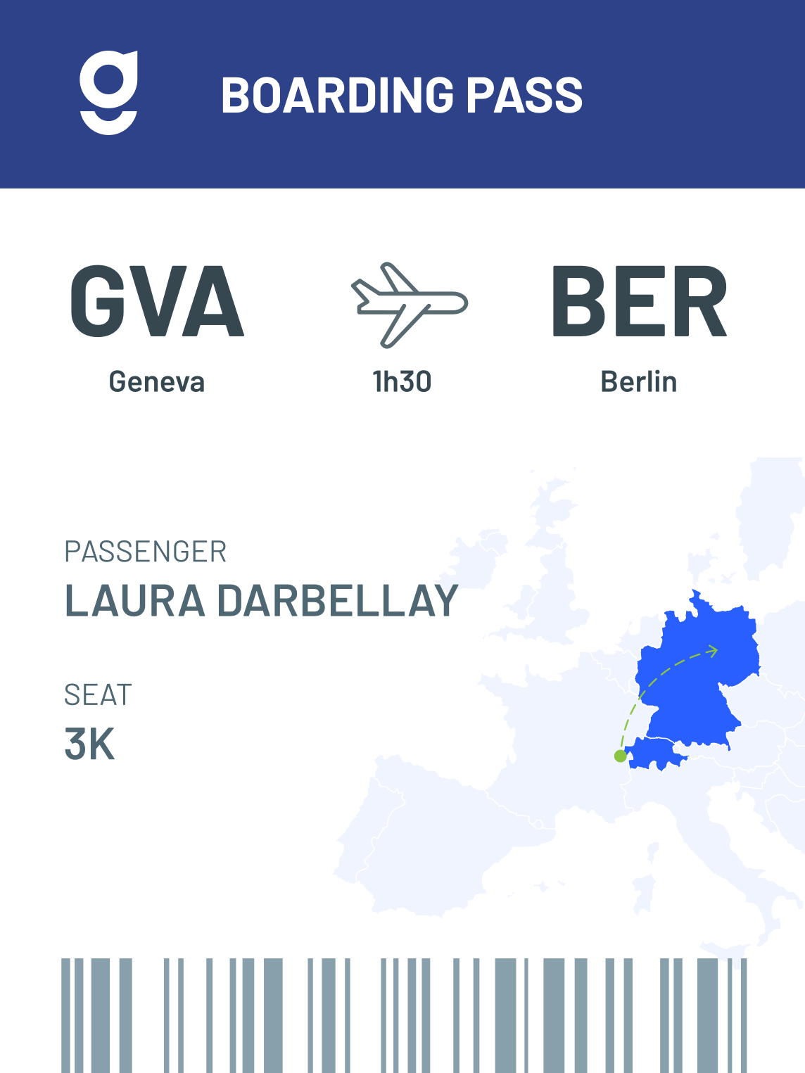 Illustration de la carte d'embarquement aérienne d'une étudiante qui part de Genève à Berlin pour un séjour d'immersion linguistique avec Allemand Genève et le Goethe-Institut.