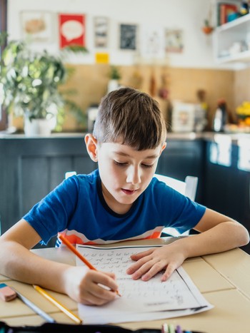 Jeune garçon faisant ses devoirs d'allemand à la maison après l'école.